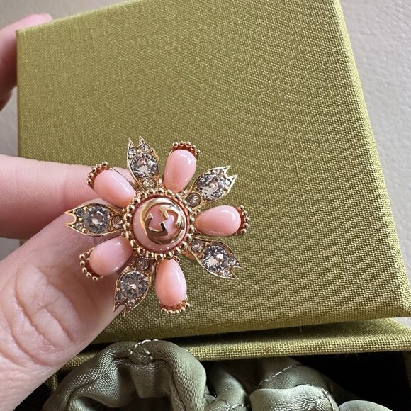 New Gucci RING FLOWER CRYSTAL GG SIZE XS GOLDEN Pink - Picture 2 of 8